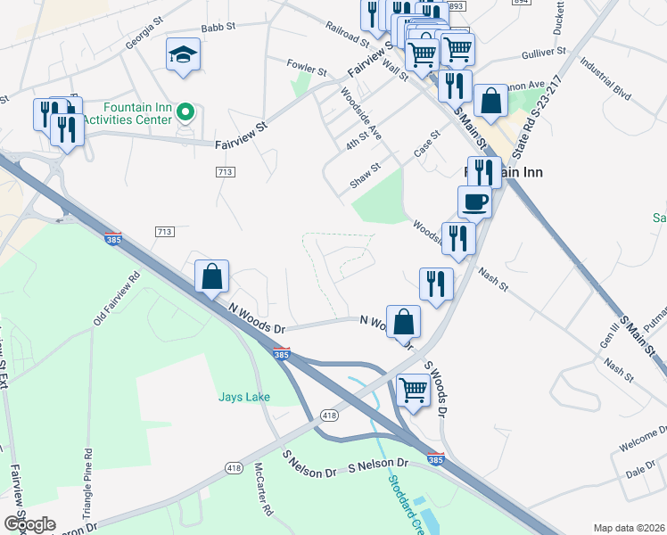 map of restaurants, bars, coffee shops, grocery stores, and more near 16921 North Woods Drive in Fountain Inn