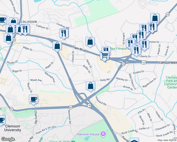 map of restaurants, bars, coffee shops, grocery stores, and more near 221 Butler Street in Clemson