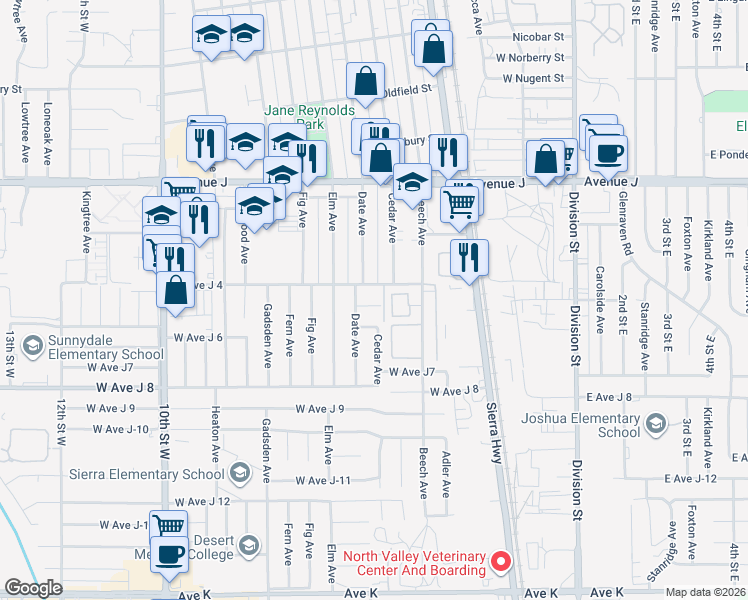 map of restaurants, bars, coffee shops, grocery stores, and more near 521 West Avenue J5 in Lancaster