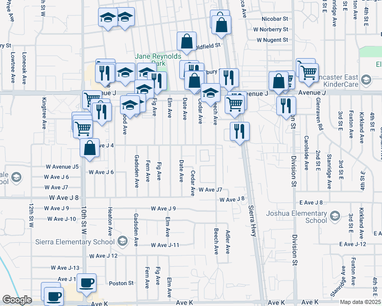 map of restaurants, bars, coffee shops, grocery stores, and more near 521 West Avenue J5 in Lancaster
