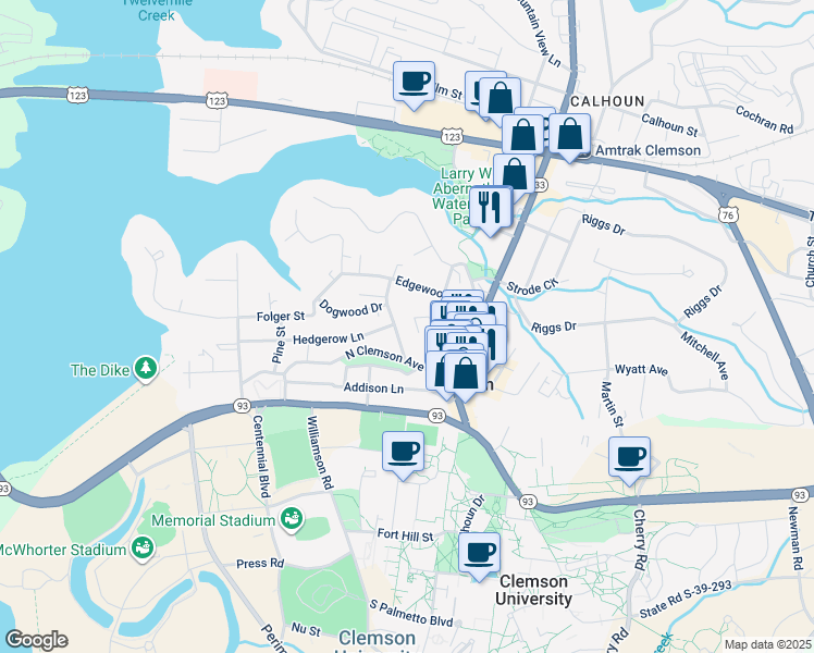 map of restaurants, bars, coffee shops, grocery stores, and more near 112 Wigington Street in Clemson
