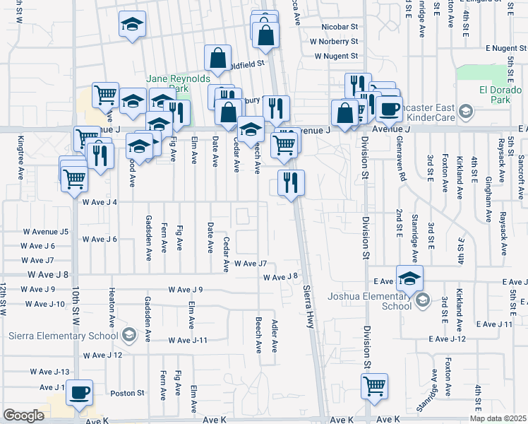 map of restaurants, bars, coffee shops, grocery stores, and more near 44209 Beech Avenue in Lancaster