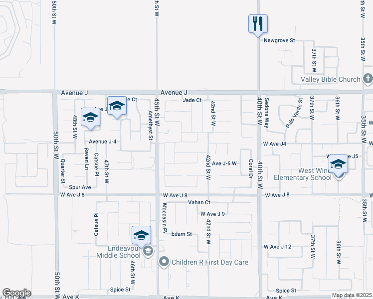 map of restaurants, bars, coffee shops, grocery stores, and more near 44235 42nd Street West in Lancaster