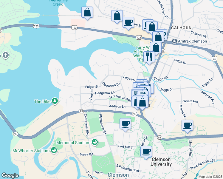 map of restaurants, bars, coffee shops, grocery stores, and more near 106 Dogwood Drive in Clemson
