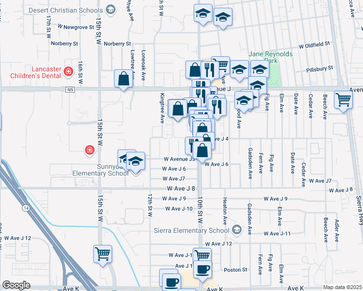 map of restaurants, bars, coffee shops, grocery stores, and more near 44146 11th Street West in Lancaster
