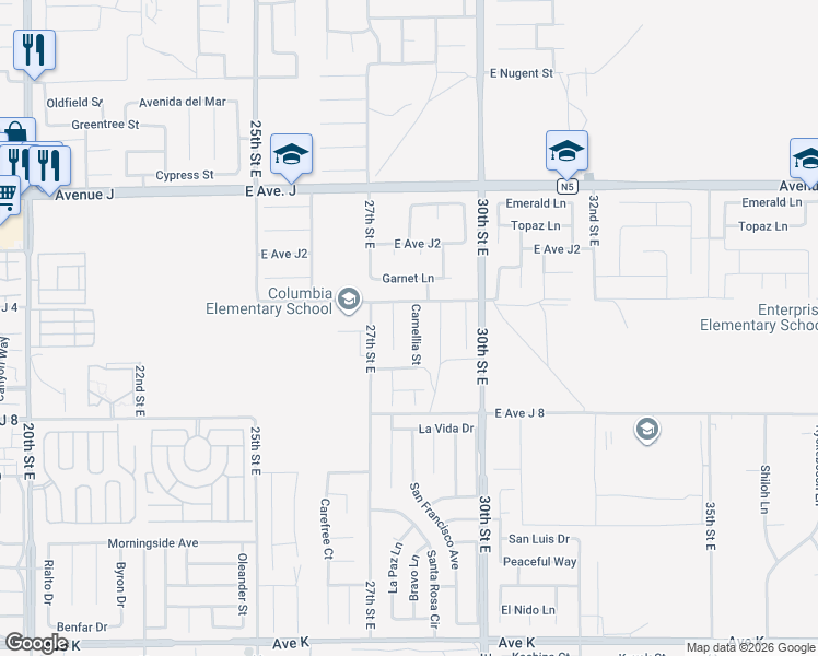 map of restaurants, bars, coffee shops, grocery stores, and more near 44135 Camellia Street in Lancaster