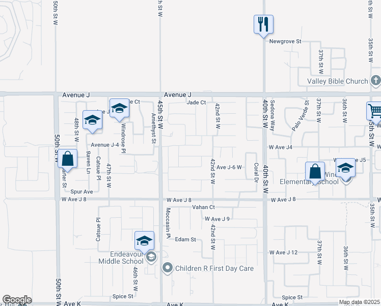 map of restaurants, bars, coffee shops, grocery stores, and more near 44235 42nd Street West in Lancaster
