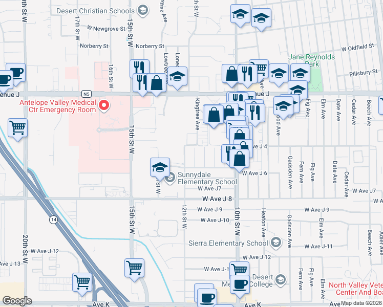 map of restaurants, bars, coffee shops, grocery stores, and more near 44147 Lightwoods Avenue in Lancaster