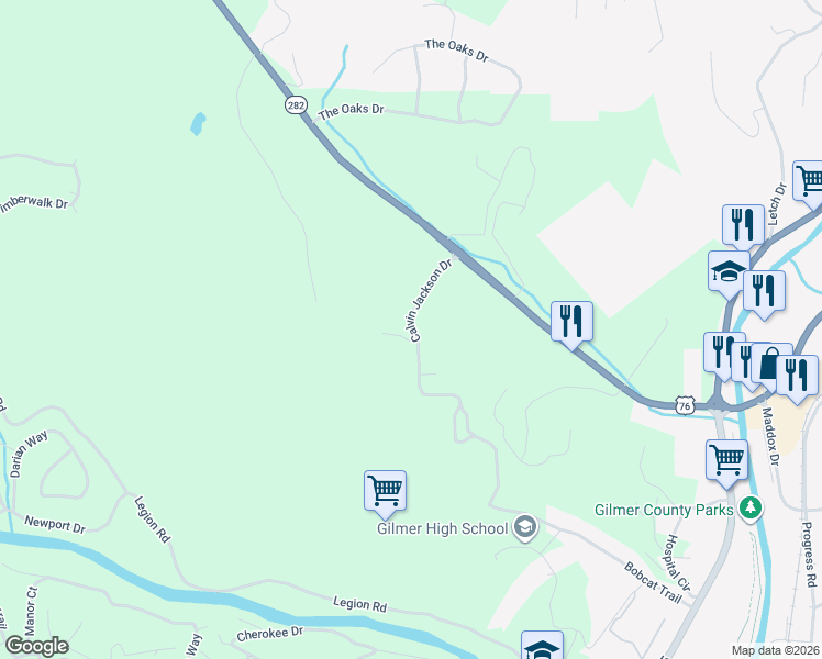map of restaurants, bars, coffee shops, grocery stores, and more near Calvin Jackson Drive in Ellijay