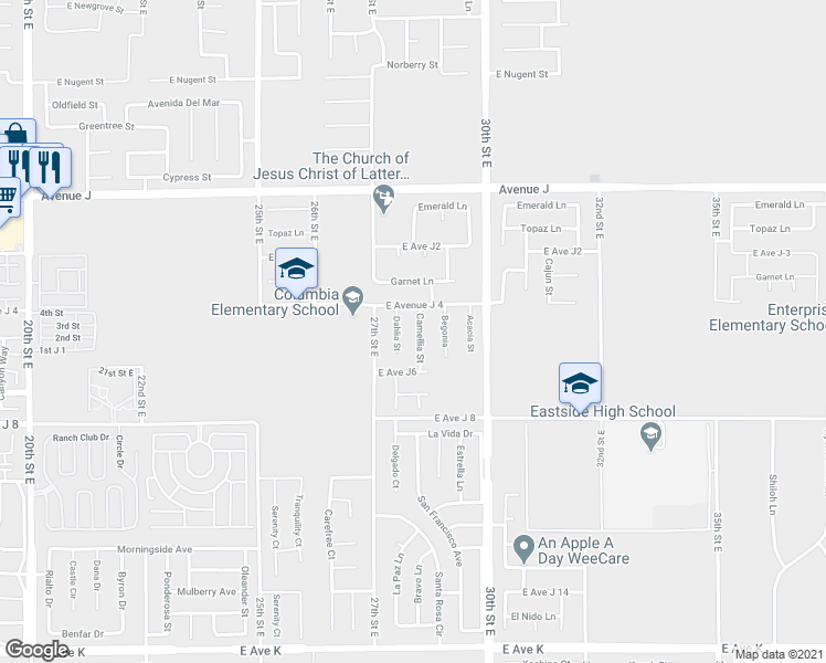 map of restaurants, bars, coffee shops, grocery stores, and more near 44135 Camellia Street in Lancaster