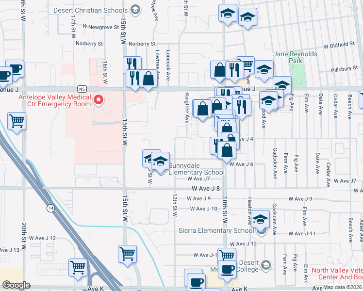 map of restaurants, bars, coffee shops, grocery stores, and more near 44147 Lightwoods Avenue in Lancaster