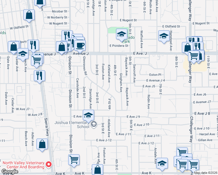 map of restaurants, bars, coffee shops, grocery stores, and more near 44209 Kirkland Avenue in Lancaster