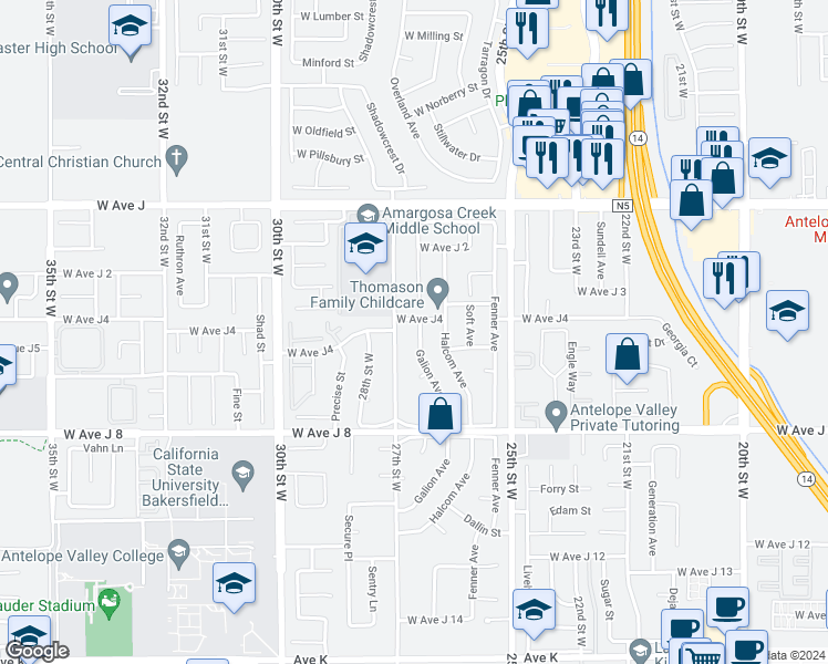 map of restaurants, bars, coffee shops, grocery stores, and more near 44141 Galion Avenue in Lancaster
