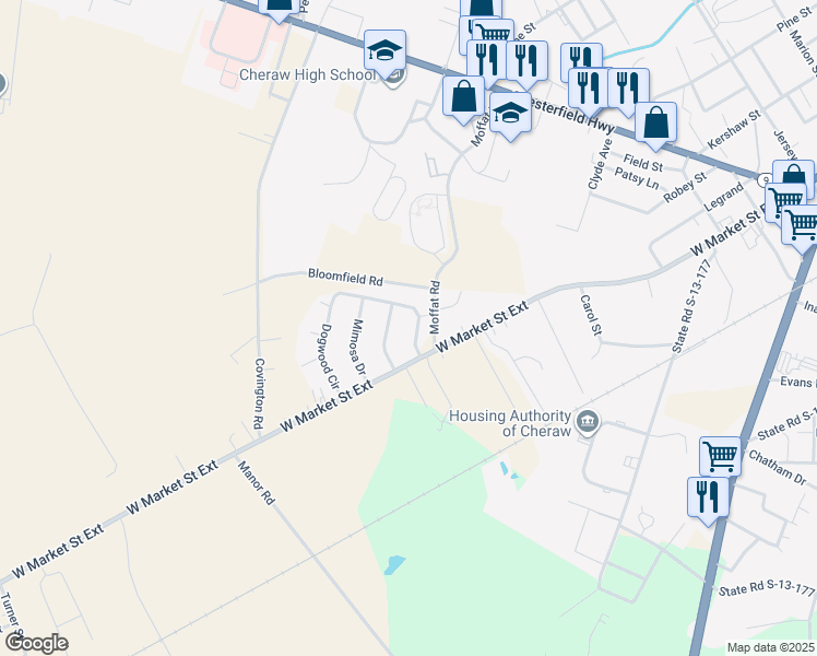 map of restaurants, bars, coffee shops, grocery stores, and more near 108 Dogwood Circle in Cheraw