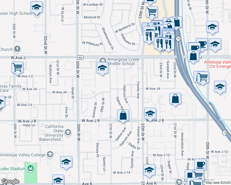 map of restaurants, bars, coffee shops, grocery stores, and more near 44204 27th Street West in Lancaster