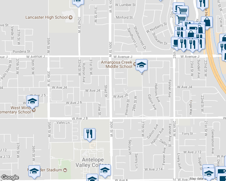 map of restaurants, bars, coffee shops, grocery stores, and more near 44150 30th Street West in Lancaster
