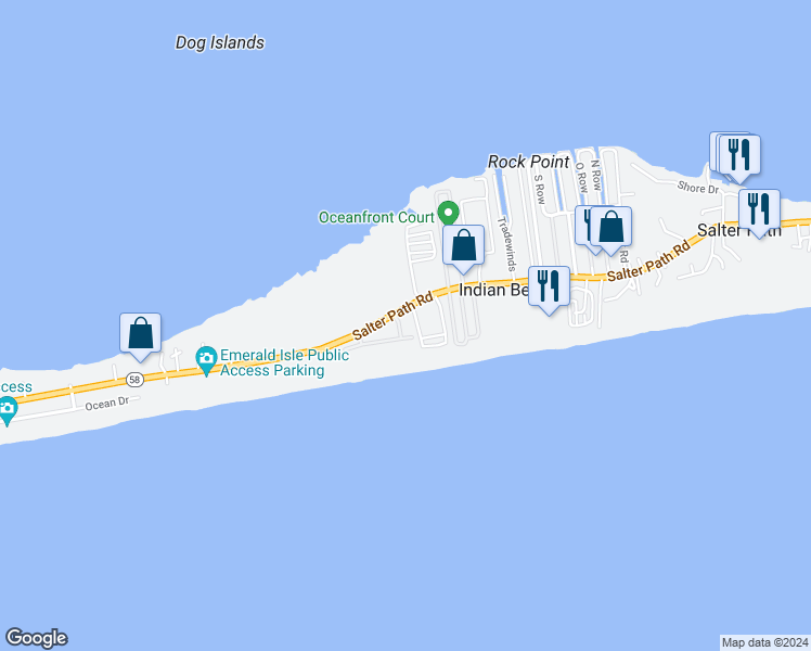 map of restaurants, bars, coffee shops, grocery stores, and more near 1701 Salter Path Road in Indian Beach