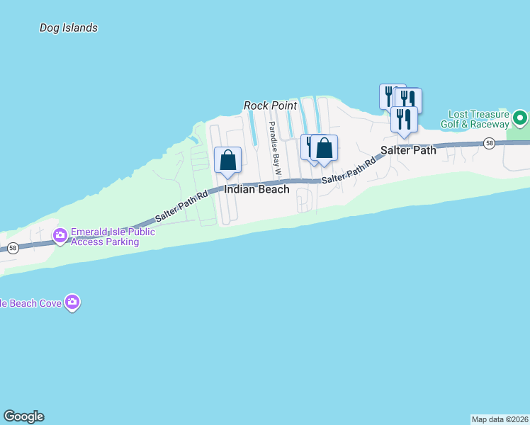 map of restaurants, bars, coffee shops, grocery stores, and more near in Indian Beach