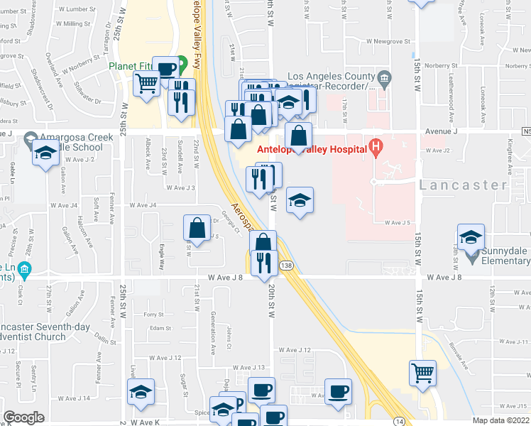 map of restaurants, bars, coffee shops, grocery stores, and more near 44143 20th Street West in Lancaster