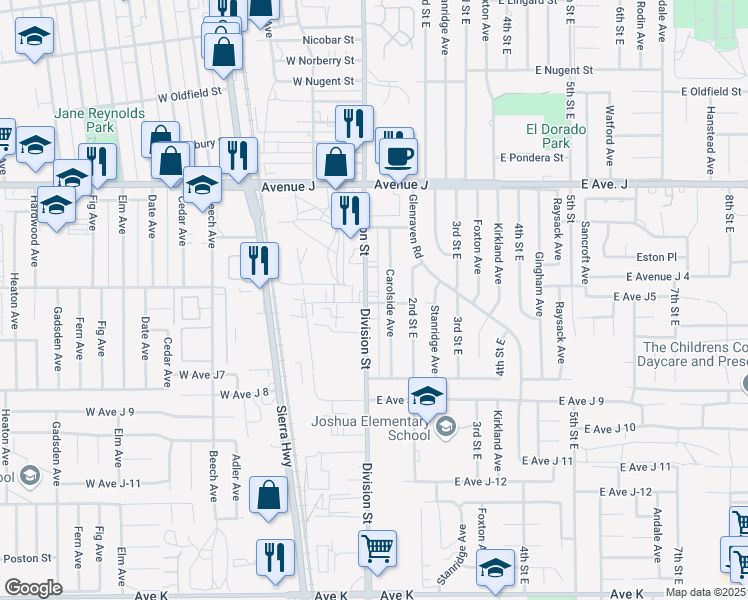 map of restaurants, bars, coffee shops, grocery stores, and more near East Avenue J5 in Lancaster