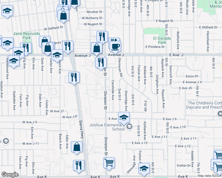 map of restaurants, bars, coffee shops, grocery stores, and more near East Avenue J5 in Lancaster