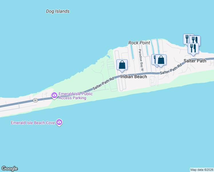 map of restaurants, bars, coffee shops, grocery stores, and more near 1621 Salter Path Road in Indian Beach