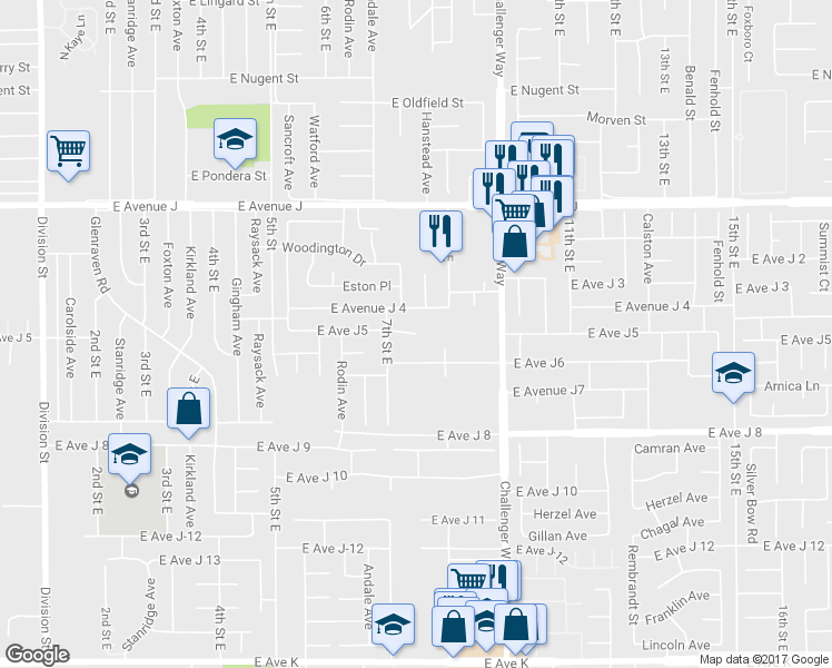 map of restaurants, bars, coffee shops, grocery stores, and more near East Avenue J5 in Lancaster