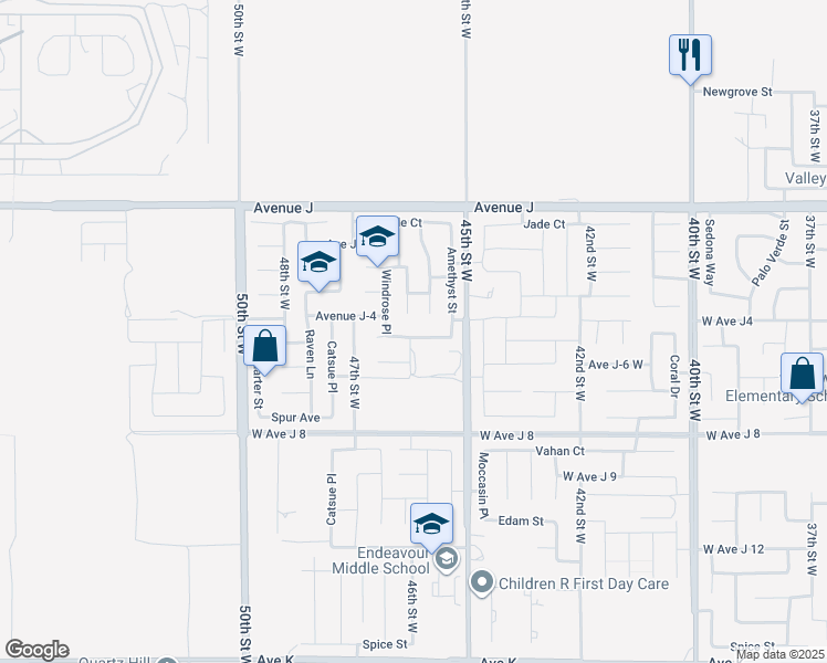 map of restaurants, bars, coffee shops, grocery stores, and more near 4557 West Avenue J5 in Lancaster
