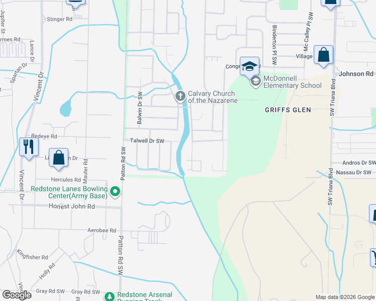 map of restaurants, bars, coffee shops, grocery stores, and more near 3700 Squaw Valley Drive Southwest in Huntsville