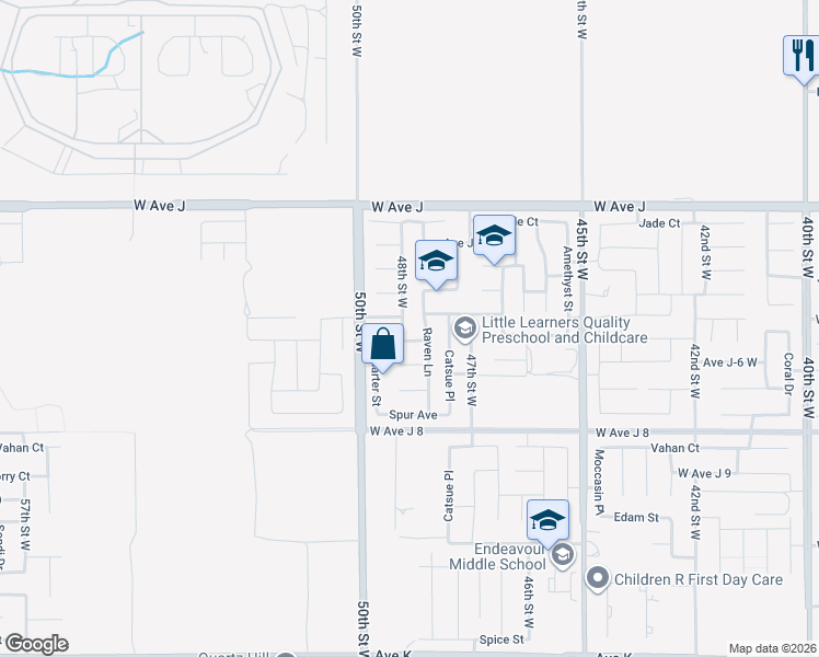 map of restaurants, bars, coffee shops, grocery stores, and more near 44210 Raven Lane in Lancaster