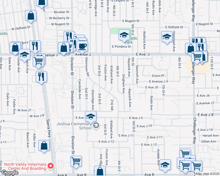 map of restaurants, bars, coffee shops, grocery stores, and more near 44159 Kirkland Avenue in Lancaster