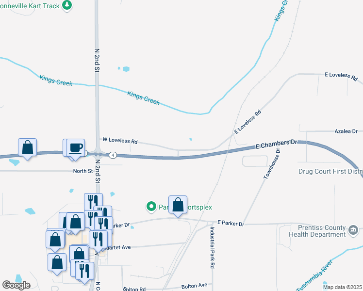 map of restaurants, bars, coffee shops, grocery stores, and more near 204 West Loveless Road in Booneville