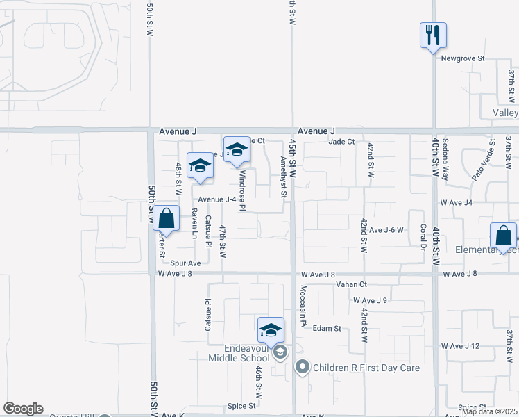 map of restaurants, bars, coffee shops, grocery stores, and more near 4557 West Avenue J5 in Lancaster