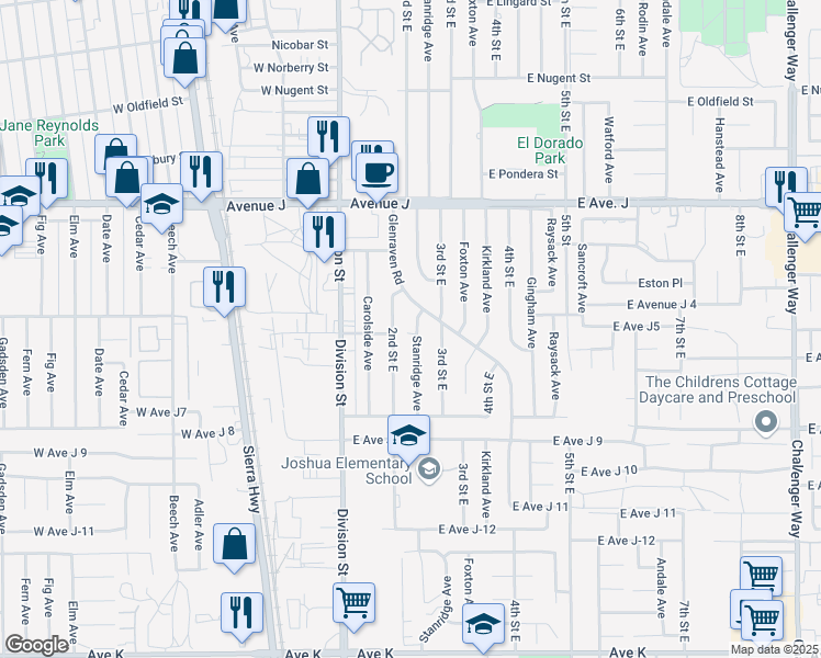 map of restaurants, bars, coffee shops, grocery stores, and more near 44209 Stanridge Avenue in Lancaster