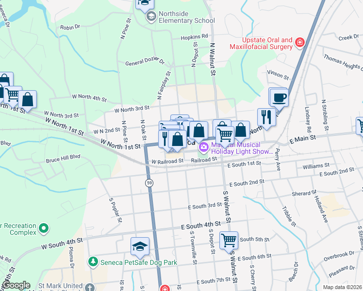 map of restaurants, bars, coffee shops, grocery stores, and more near 123 North Townville Street in Seneca