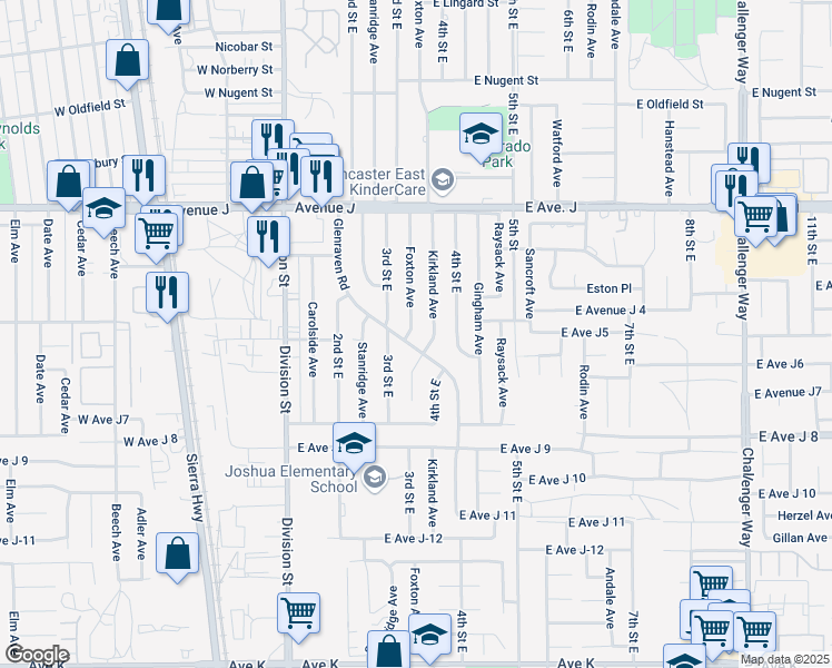 map of restaurants, bars, coffee shops, grocery stores, and more near 44204 Foxton Avenue in Lancaster