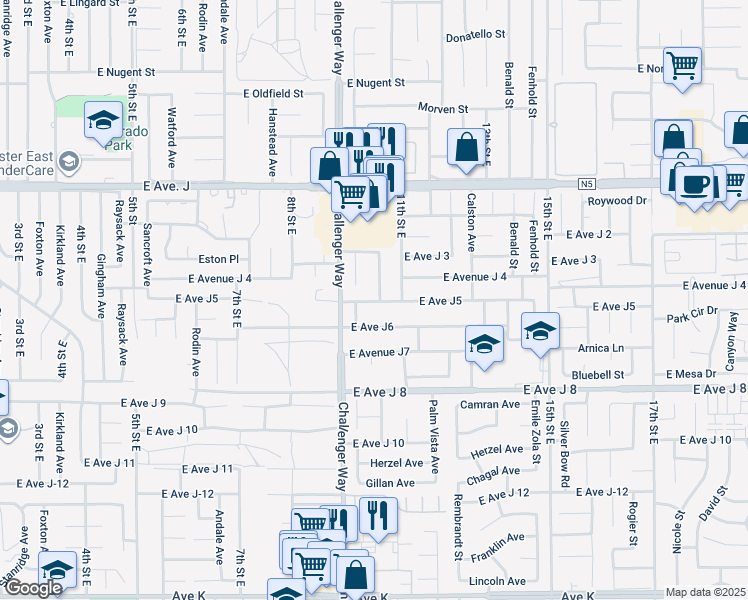 map of restaurants, bars, coffee shops, grocery stores, and more near 1033 East Avenue J 5 in Lancaster