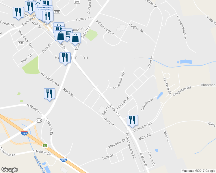 map of restaurants, bars, coffee shops, grocery stores, and more near 108 Brierfield Way in Fountain Inn