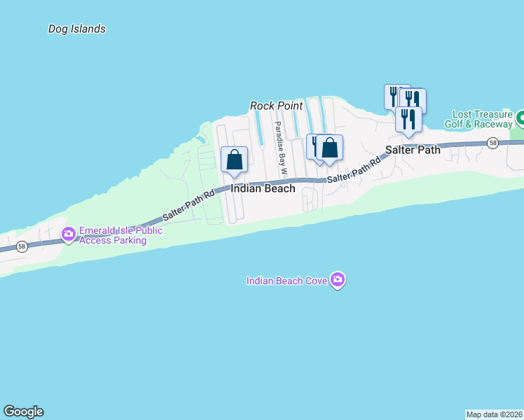 map of restaurants, bars, coffee shops, grocery stores, and more near 1505 Salter Path Road in Indian Beach