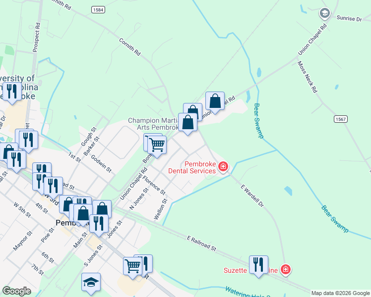 map of restaurants, bars, coffee shops, grocery stores, and more near 610 Union Chapel Road in Pembroke