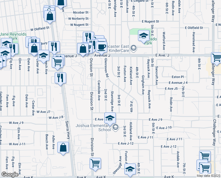 map of restaurants, bars, coffee shops, grocery stores, and more near 44209 Stanridge Avenue in Lancaster