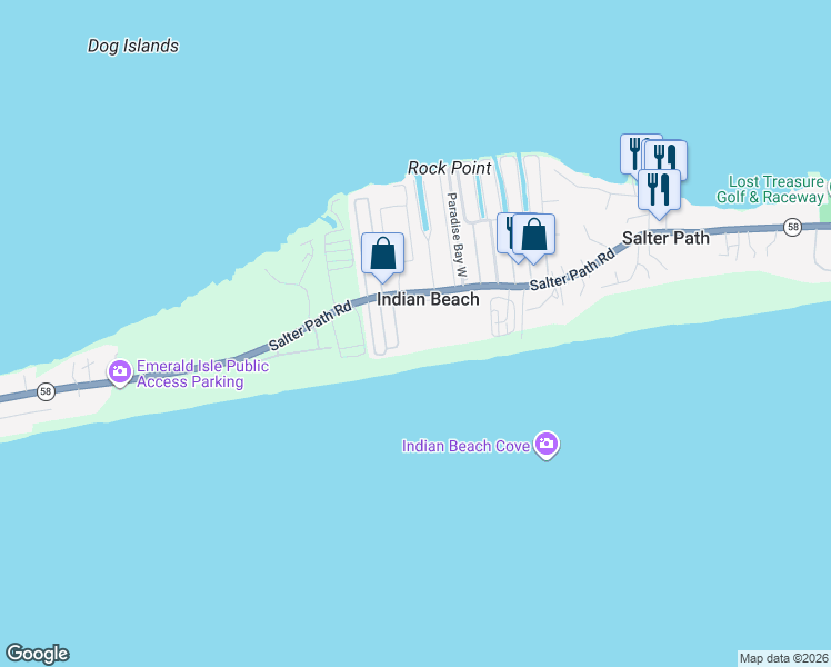 map of restaurants, bars, coffee shops, grocery stores, and more near 1505 Salter Path Road in Indian Beach