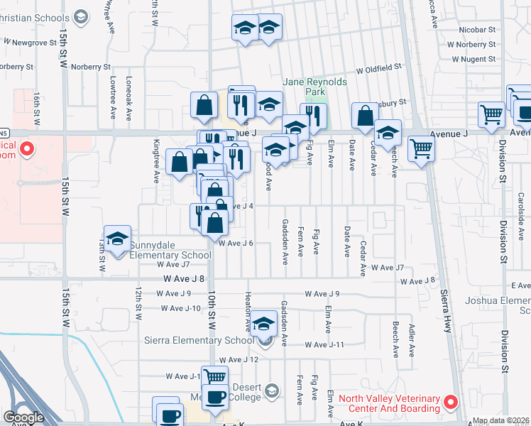 map of restaurants, bars, coffee shops, grocery stores, and more near 44203 Hardwood Avenue in Lancaster