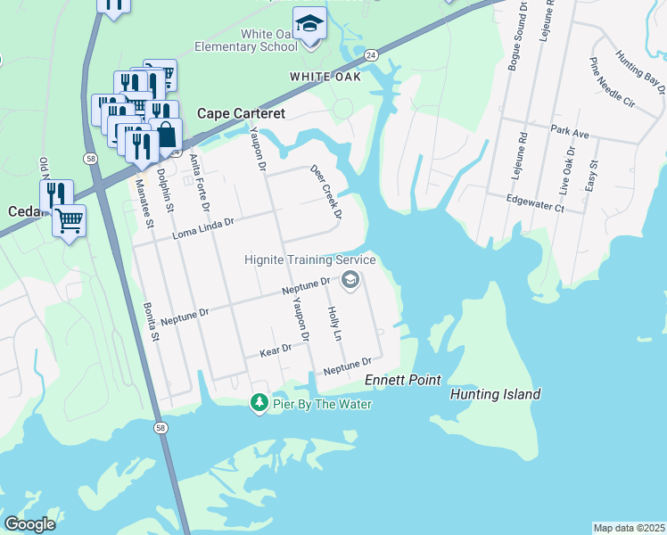 map of restaurants, bars, coffee shops, grocery stores, and more near 511 Neptune Drive in Cape Carteret