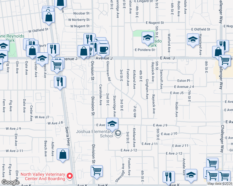 map of restaurants, bars, coffee shops, grocery stores, and more near 44210 Stanridge Avenue in Lancaster