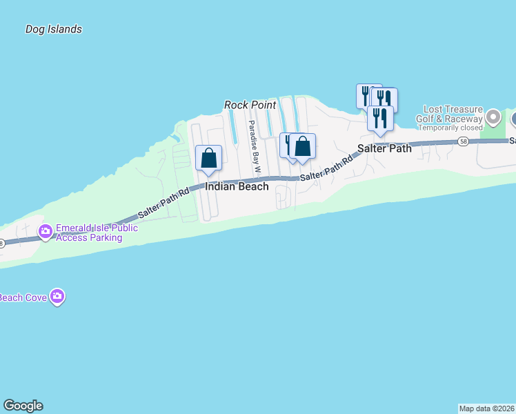 map of restaurants, bars, coffee shops, grocery stores, and more near 1505 Salter Path Road in Indian Beach