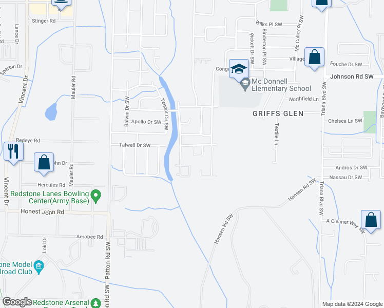 map of restaurants, bars, coffee shops, grocery stores, and more near 3913 Talwell Drive Southwest in Huntsville