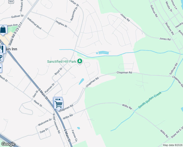 map of restaurants, bars, coffee shops, grocery stores, and more near Creekview in Fountain Inn