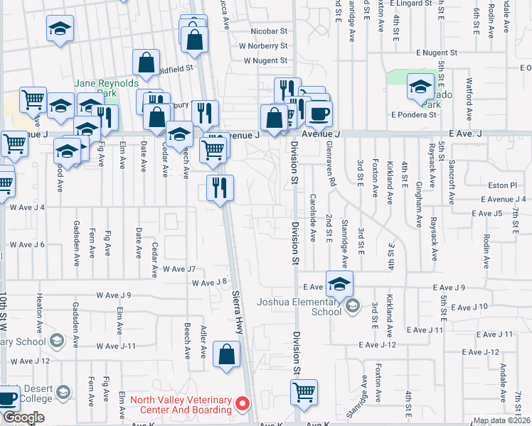 map of restaurants, bars, coffee shops, grocery stores, and more near 155 West Avenue J-5 in Lancaster