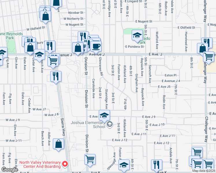 map of restaurants, bars, coffee shops, grocery stores, and more near 44210 Stanridge Avenue in Lancaster